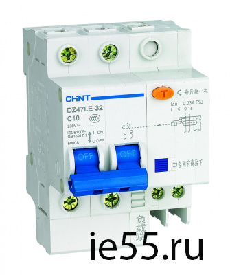 Дифференциальный автоматический выключатель DZ47LE-32 2P 10A 100mA тип AC х-ка 6kA (CHINT 101000714